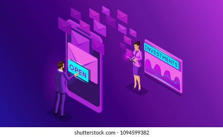 Isometric business men and business women look Email Inbox Electronic a smartphone. Communication. E-mail marketing, Receiving messages. Inbox email