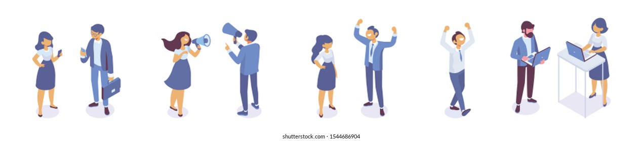 Isometric business men and women standing and having conversation. Horizontal banner. Talking. Business people team. Disscussing new idea. Coworkers. Vector isolated isometric characters.