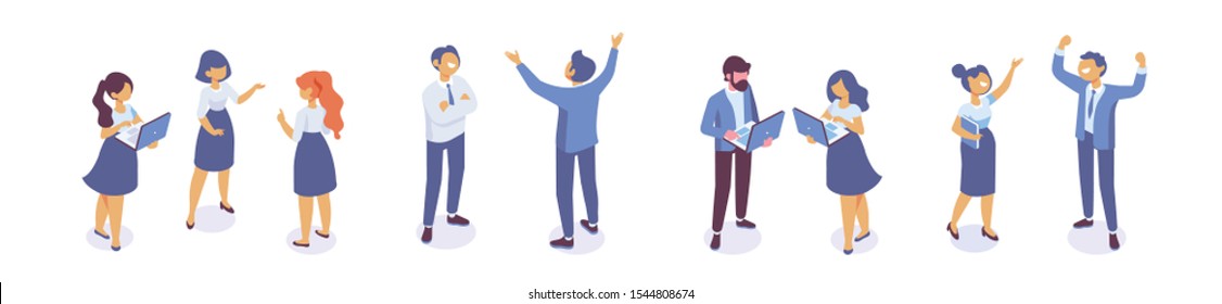 Isometric business men and women standing and having conversation. Horizontal banner. Talking. Business people team. Disscussing new idea. Coworkers. Vector isolated isometric characters.