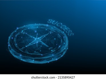 Isometric business navigate compass low poly wireframe on bkue dark background.  consisting of point line and triangle. Guiding direction and vision. Strategy way to goal concept. vector illustration.