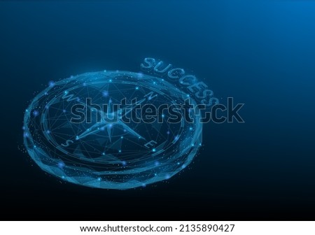 Isometric business navigate compass low poly wireframe on bkue dark background.  consisting of point line and triangle. Guiding direction and vision. Strategy way to goal concept. vector illustration.