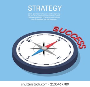 Isometric Business Navigate Compass To Success. Guiding Direction And Vision. Strategy Way To Goal Concept. Vector Illustration Isometric Style. 