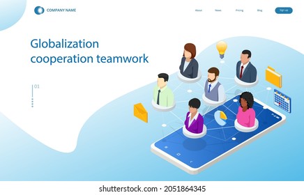 Isometric business and networking concept social, business network. Globalization cooperation teamwork. Business people worldwide connected interacting through social media technology world wide web