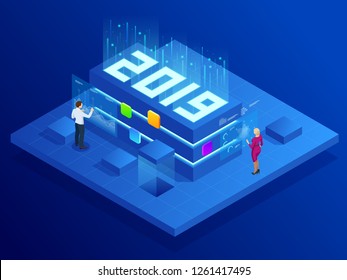 Isometric Business New Year 2019 concept, Digital technologies. Business solution,planning ideas. New innovative ideas.