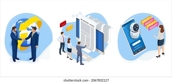Isometric business news. Chat bot and future marketing. AI and business IOT concept.