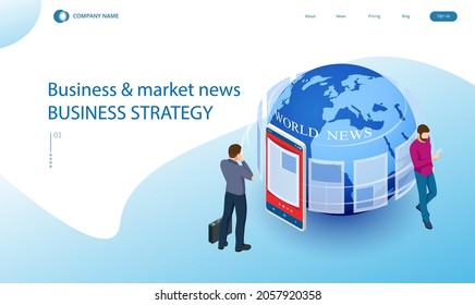 Isometric business news concept. Business news website on digital tablet, everyday searching for job and business opportunities