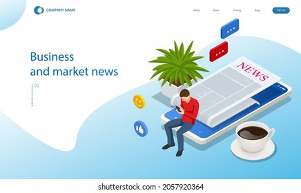 Isometric business news concept. Business news website on digital tablet, everyday searching for job and business opportunities