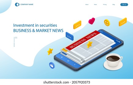 Isometric business news concept. Business news website on digital tablet, everyday searching for job and business opportunities