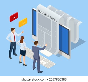 Concepto de noticias de negocios isométricas. Sitio web de noticias de negocios sobre tableta digital, búsqueda diaria de oportunidades de trabajo y negocios