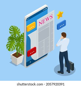 Isometric business news concept. Business news website on digital tablet, everyday searching for job and business opportunities