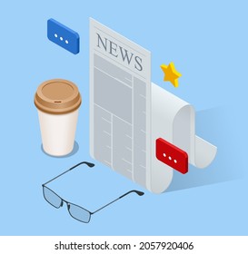 Isometric business news concept. Business news website on digital tablet, everyday searching for job and business opportunities