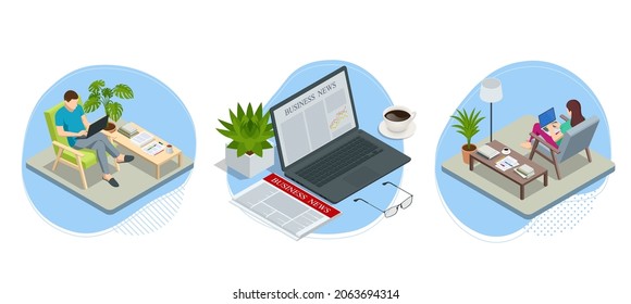 Isometric business news concept. Business news website on digital tablet, everyday searching for job and business opportunities