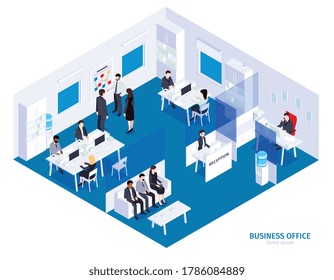 Composición isométrica de la oficina de negocios con vistas a la construcción de escenarios con personajes de empleados de la empresa en la ilustración del vector de trabajo