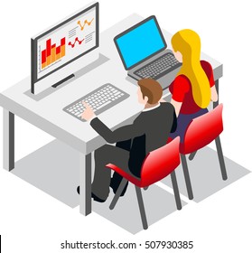 Artículos de Vector de conjunto de iconos planos de oficina de negocios isométricos. Director ejecutivo, director de operaciones, pieza central gráfica aislada. Ilustración del director ejecutivo del elemento de diseño de infografía 3D. Biblioteca en la nube del logotipo de Ceo