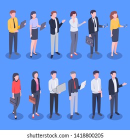 Isometric business office people. Bank employee, corporate businessman and businesswoman vector illustration set