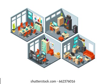 Isometric business offices with different workspaces. 3d vector office plan. Isometric office with room interior illustration