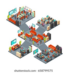 Isometric Business Offices With Staff. 3d Businessmen Networking In Office Interior. Isometric Room Office With People, Business Interior With Staff Worker Illustration