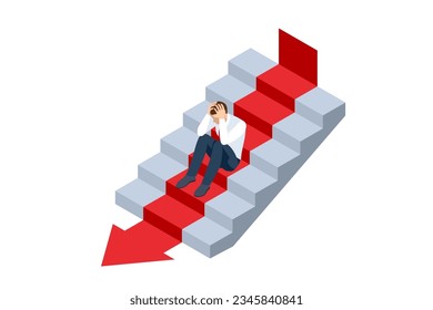 Isometric Business on falling down the chart. Fail, Risk, Problem. Decline red arrow with businessman isolated on white background