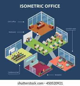 Isometric business organization office 3 storey building plan interior view dark background poster abstract vector illustration