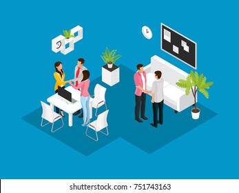 Isometric business partnership concept with businessmen shaking hands and workers glad to successful deal isolated vector illustration