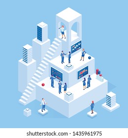 Isometrische Geschäftsleute analysieren ein FinanzArmaturenbrett mit wichtigen Leistungsindikatoren und Business Intelligence. Suchen Sie nach neuen Geschäftsideen, Startups, Mitarbeitern.