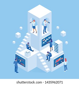 Isometric business people analyzing a financial dashboard with key performance indicators and business intelligence. Search for new business ideas, startups, employees.