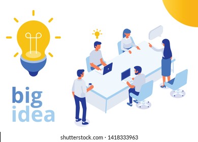 Isometric business people with big Light Bulb Idea. People working together on new Project. Creativity, Brainstorming, Innovation concept. Flat Vector illustration.	