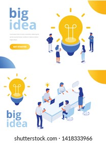 Isometric business people with big Light Bulb Idea. People working together on new Project. Creativity, Brainstorming, Innovation concept. Flat Vector illustration.	