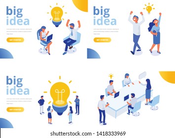 Isometric Business People With Big Light Bulb Idea. People Working Together On New Project. Creativity, Brainstorming, Innovation Concept. Flat Vector Illustration.	