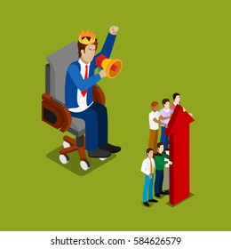 Isometric Business People. Businessman in Crown Shouting in Megaphone on Workers. Vector 3d flat illustration