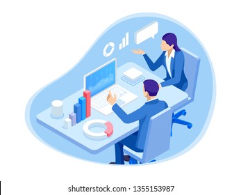 Isometric business people characters. Data analysis. Teamwork and partnership. Business people characters working together on project. Financial research