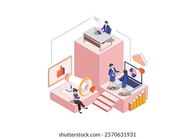 Isometric Business people characters, meeting, teamworking in office rooms. Trendy isometry suitable for background, banner, infographic template. Isometric line vector illustration.