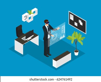 Isometric business people concept with businessman in virtual reality headset working in office isolated vector illustration - Powered by Shutterstock - Get 15% off with code: PIKWIZARD15