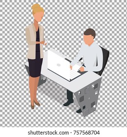 Isometric business people concept. man studding. Isometric office: table, laptop, books, notebook. Isolated on white background. - stock vector