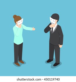 Isometric Business People Covering Their Face With Smiling Mask, Hypocrisy, Psychological Health Concept