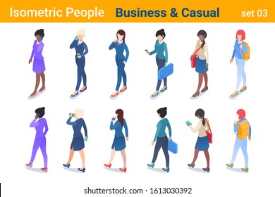 Isometric Business People flat vector collection. Businesswoman and Casual girl walking and talking or looking on Mobile phone  back and front poses.