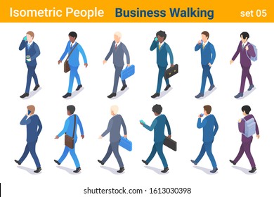 Isometric Business People Flat Vector Collection. Businessman Walking With Briefcase Bag And Talking Or Looking On Mobile Phone Back And Front Poses.