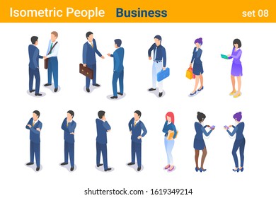 Isometric Business People flat vector collection. Businessman and Businesswoman standing and walking back and front poses.