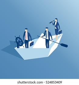 isometric business people are floating on a paper boat on the sea, leader at the helm, another businessman stands with a paddle, a businesswoman looking through a telescope. business concept team