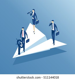 isometric business people flying in paper airplane, business team and leadership concept vector illustration