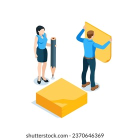 isometric business people gluing a sticker, in color on a white background, taking notes