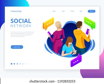 Isometric business people group using smart phone, tablet for working or playing social network. Online sharing connection. Vector illustration