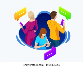 Isometric business people group using smart phone, tablet for working or playing social network. Online sharing connection. Vector illustration