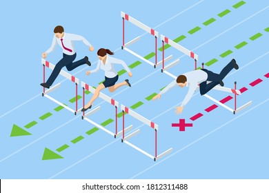 Isometric business people jumping over obstacle. Overcome obstacles. Business competition concept.