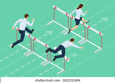 Isometric Business People Jumping Over Obstacle. Overcome Obstacles. Business Competition Concept.