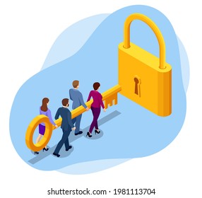 Isometric business people with key and clouds with keyholes. successful teamwork, cooperation in work on business project. Open the door lock.