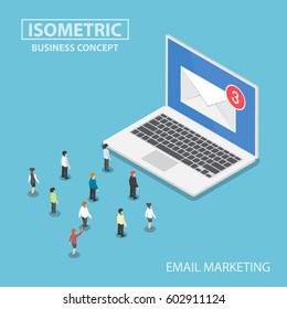 Isometric business people looking to new email notification on laptop monitor, email marketing and communication concept