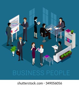Isometric business people on meeting, businessman work, woman worker, office illustration