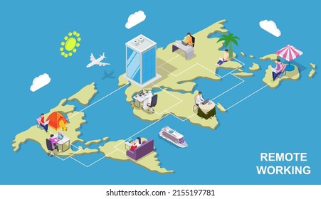 Isometric business people over world map vector. Global work and communication, international network. People working online from anywhere illustration