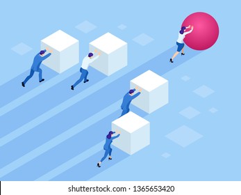 Isometric Business people pushing cubes. Winner easily moving the cube. Winning strategy, efficiency, innovation in business concept.